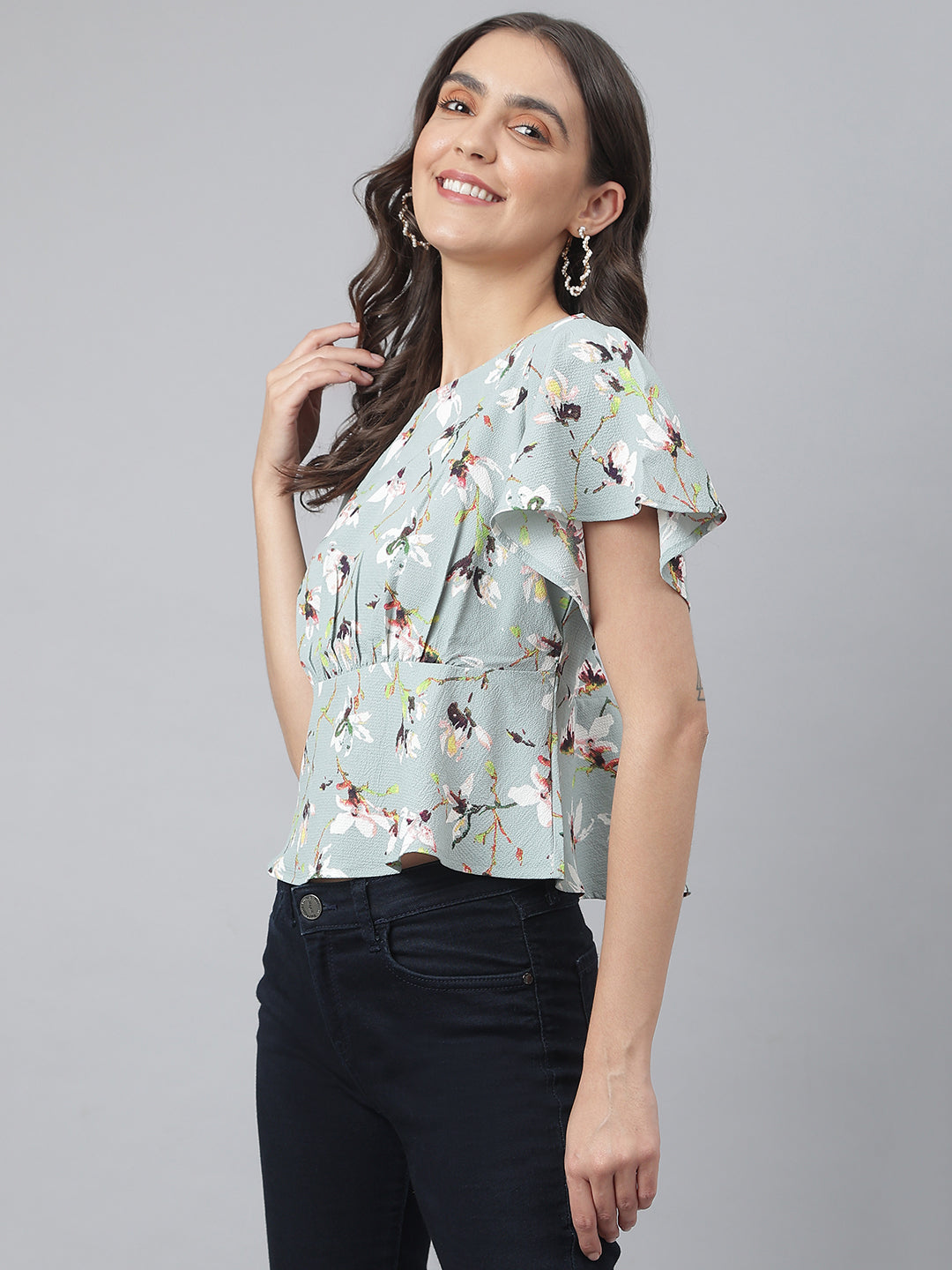 Greyish Blue Floral Printed Office Wear Top