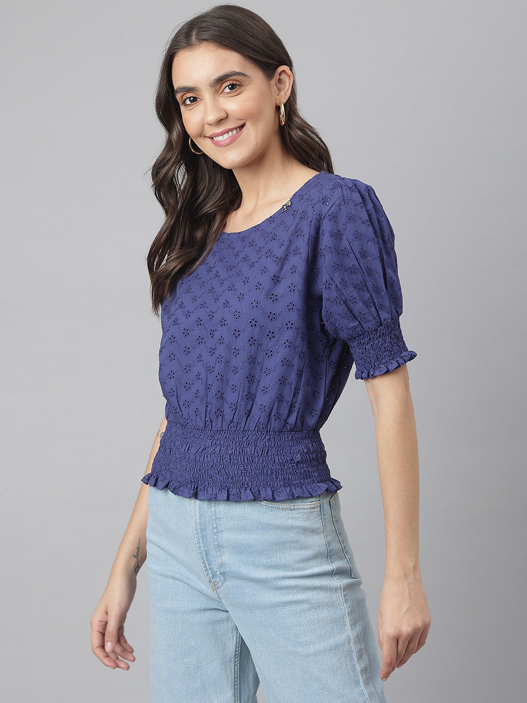 Navy Cotton Chicken Fabric Top With Smoking Waist Band & Sleeves