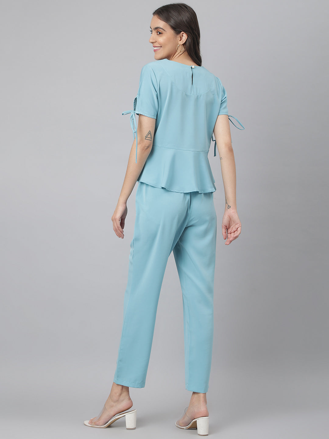 Aqua Round Neck Embroidered Peplum Co-ordinate Set