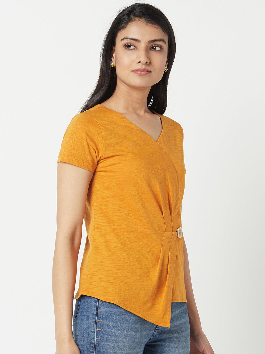 Mustard V Neck Cotton Top With Extended Side