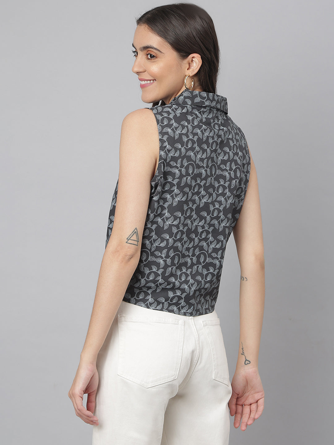 Black Leaf Printed Buttoned Shirt Top With Knot In Front