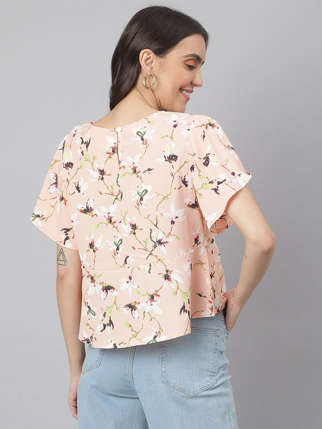 Peach Floral Printed Office Wear Top