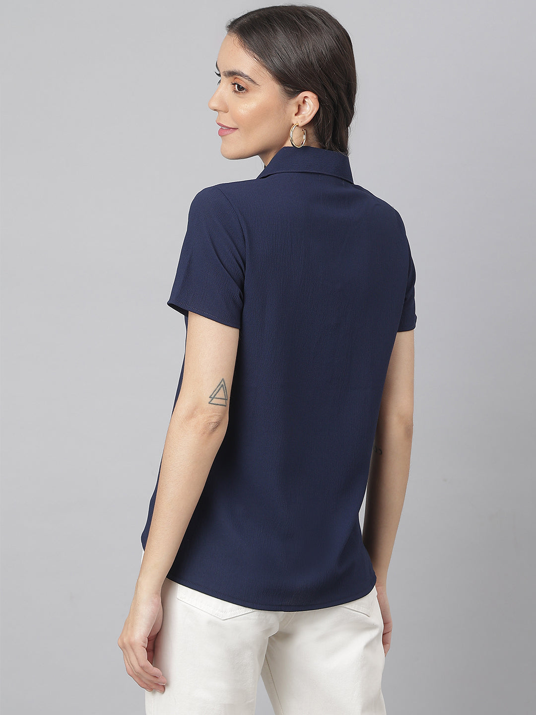 Navy V Neck Two Button Collared Top