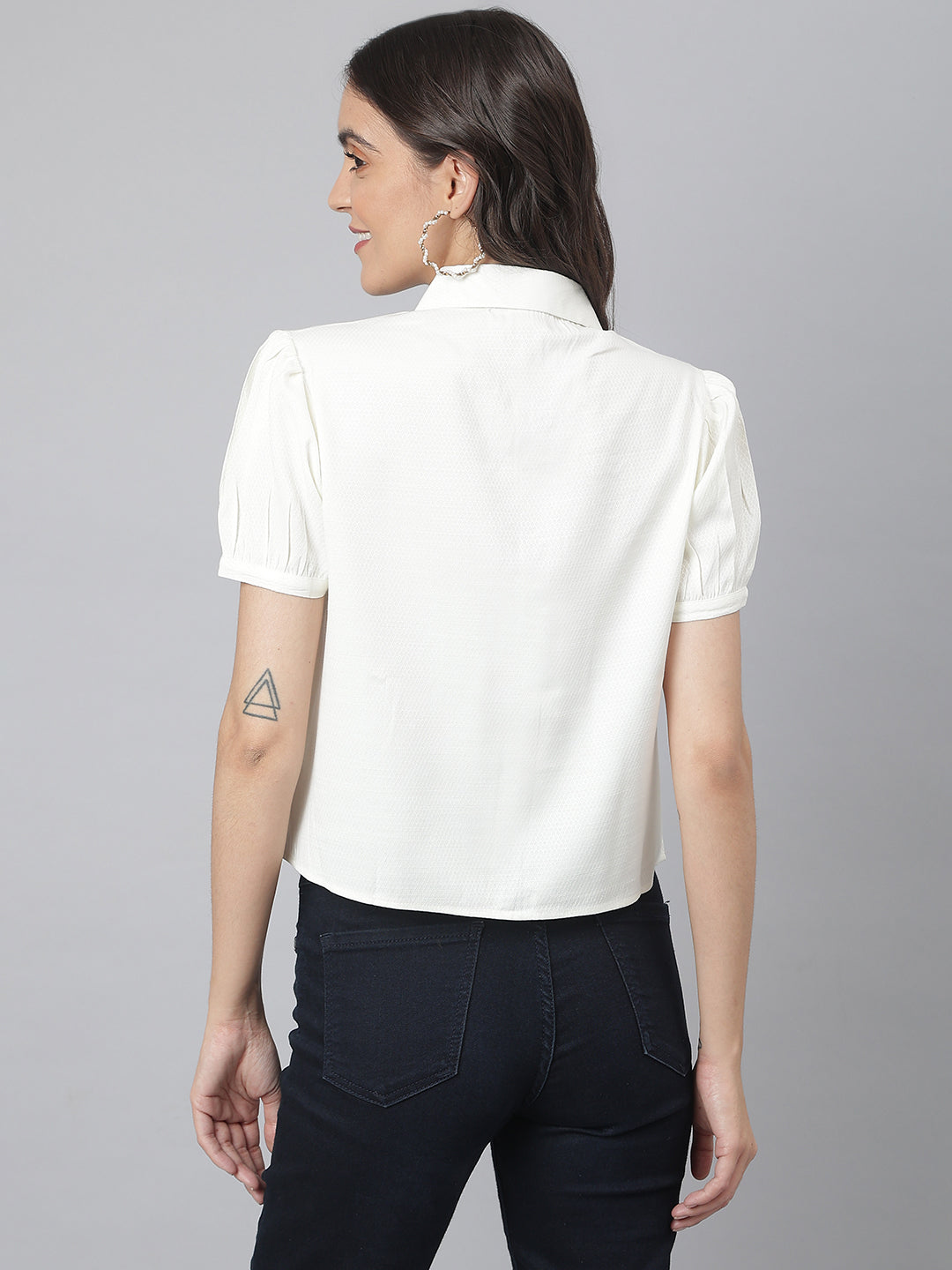 Off White Collared Embroidered Buttoned Shirt (Top)