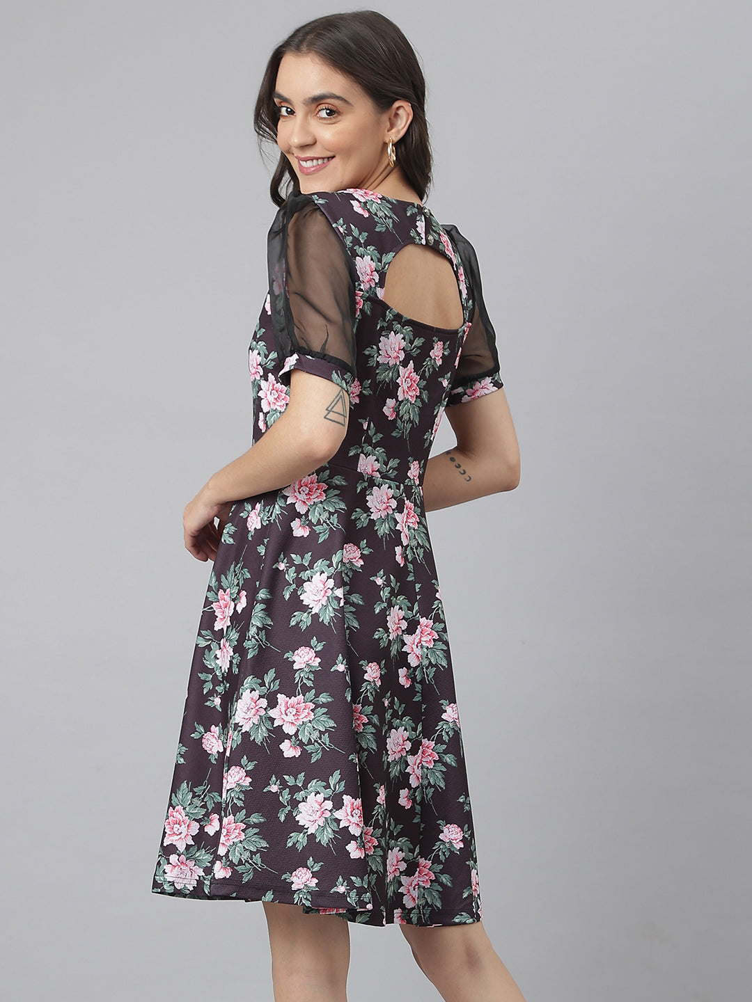 Black Poly Blend Lycra Fabric Floral Printed Dress With Organza Sleeves