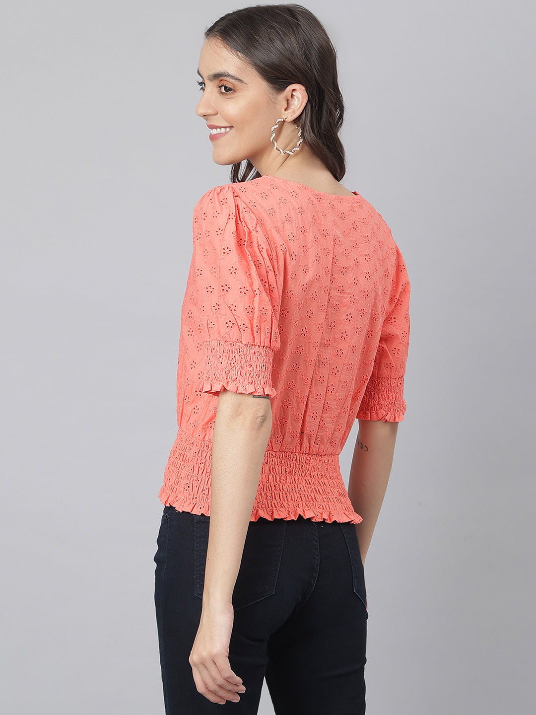 Carrot Cotton Chicken Fabric Top With Smoking Waist Band & Sleeves