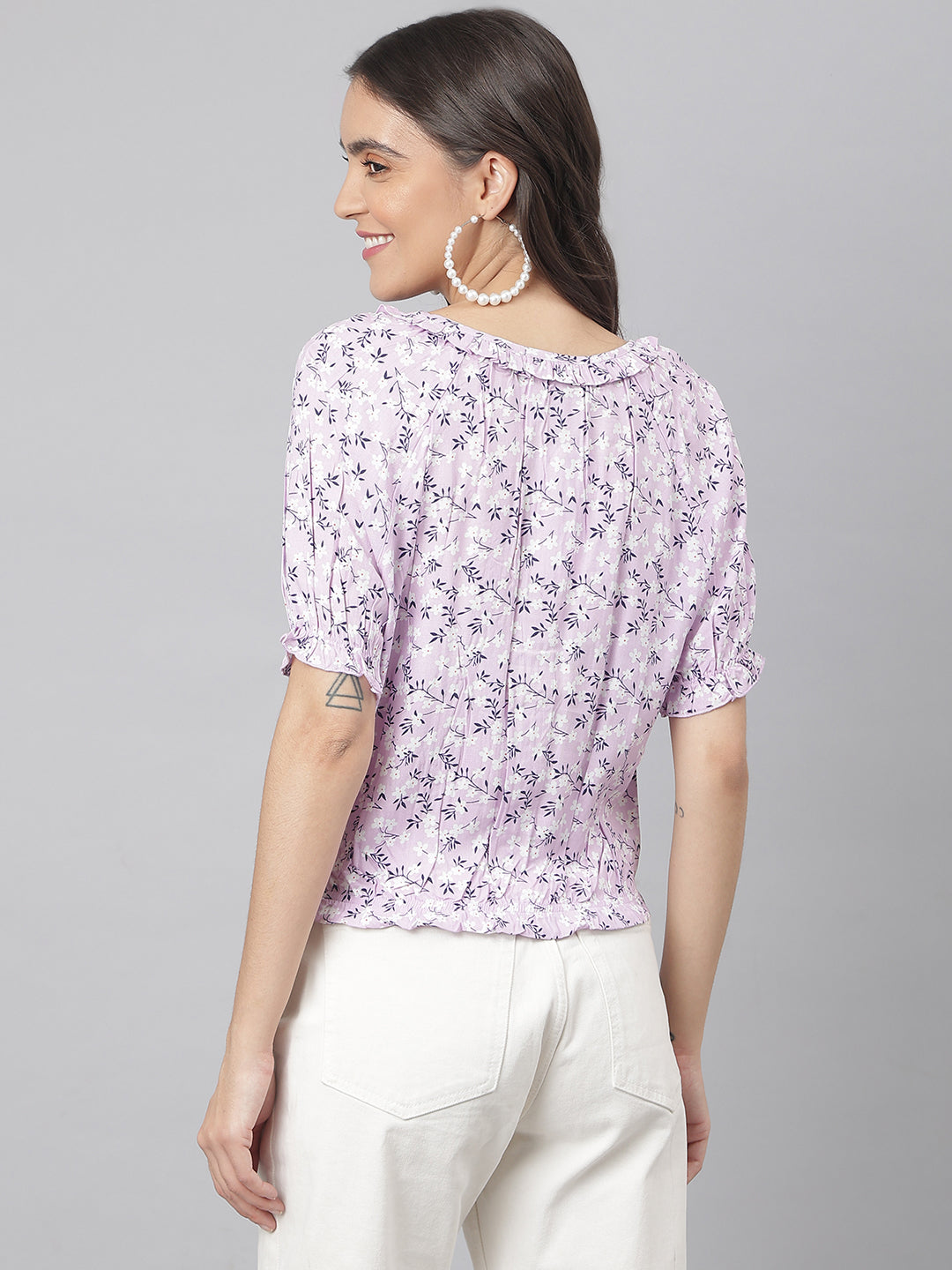 Lavander Floral Top With Elasticated Waist Band In A Cool Feel Fabric