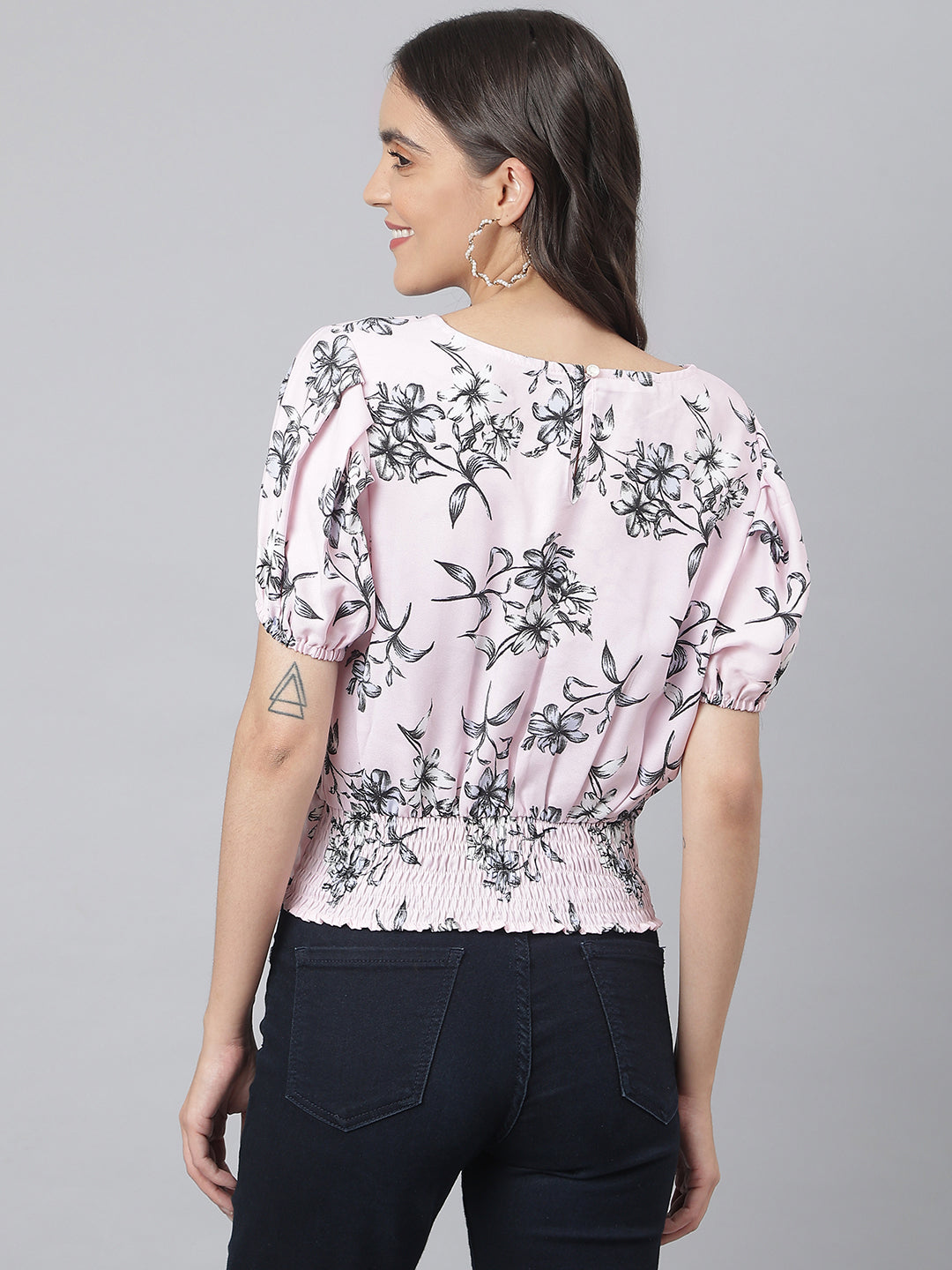 Pink Floral Top With Elasticated Waist Band At Back For Perfect Fit