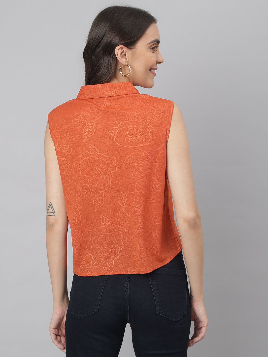 Rust Cotton Blend Self Printed Floral Front Buttoned Knotted Shirt Top