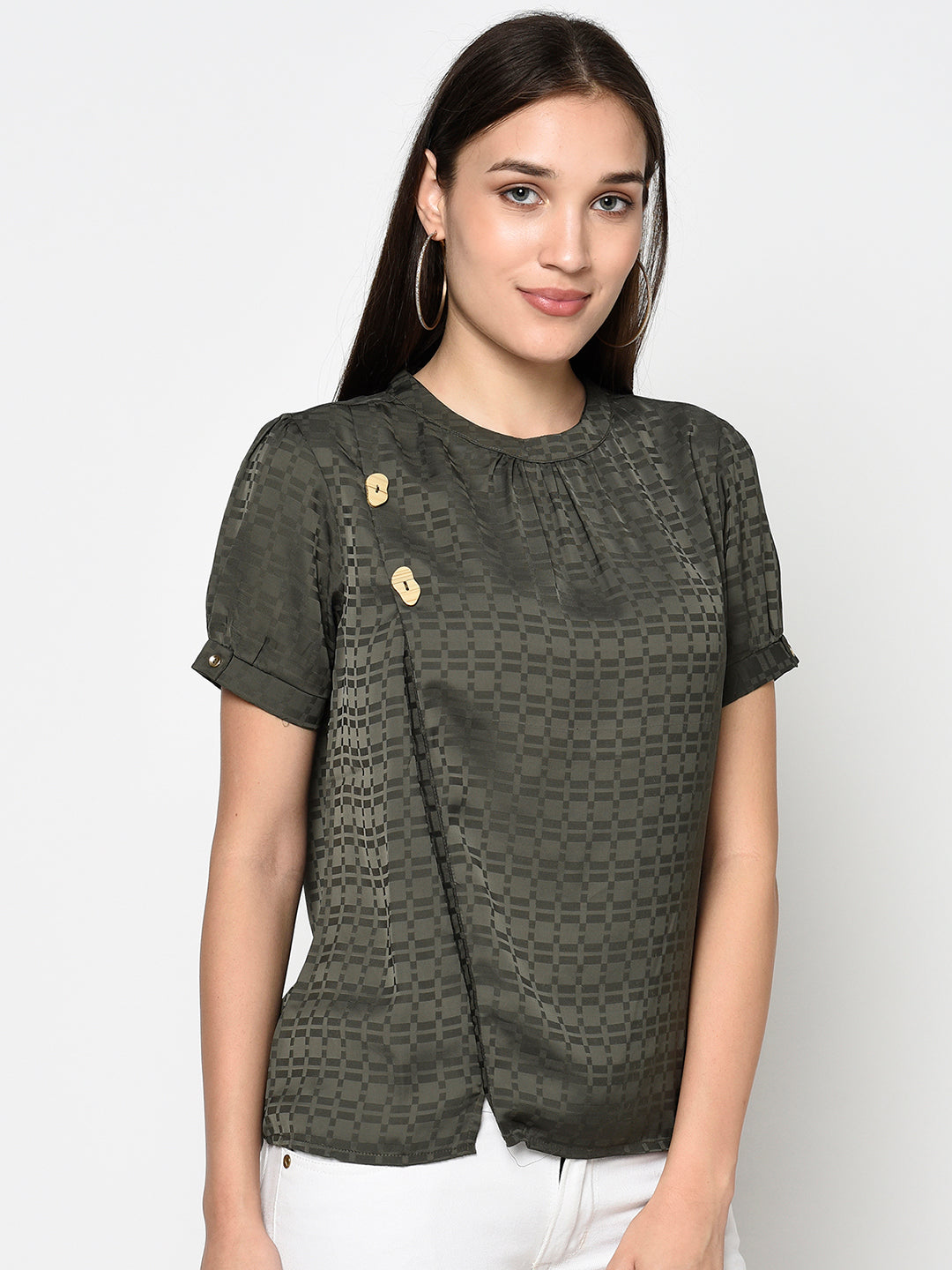 99126 Green Round Neck Woven Top