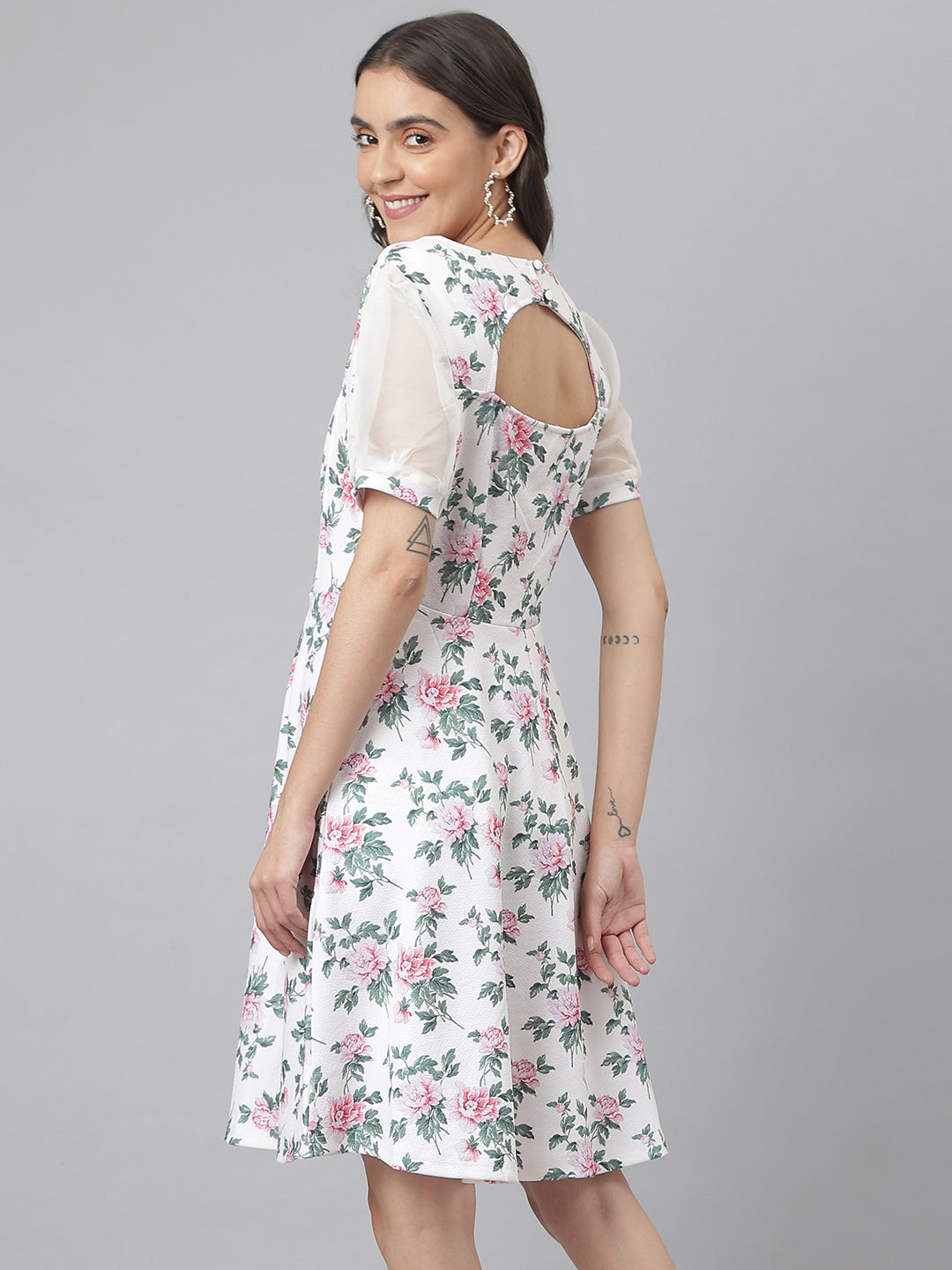 Off White Poly Blend Lycra Fabric Floral Printed Dress With Organza Sleeves