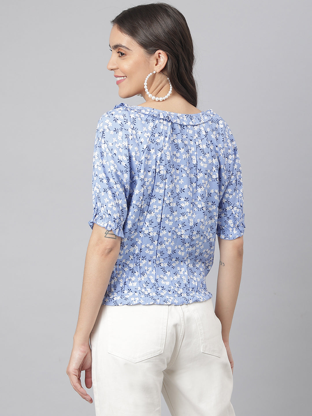 Blue Floral Top With Elasticated Waist Band In A Cool Feel Fabric