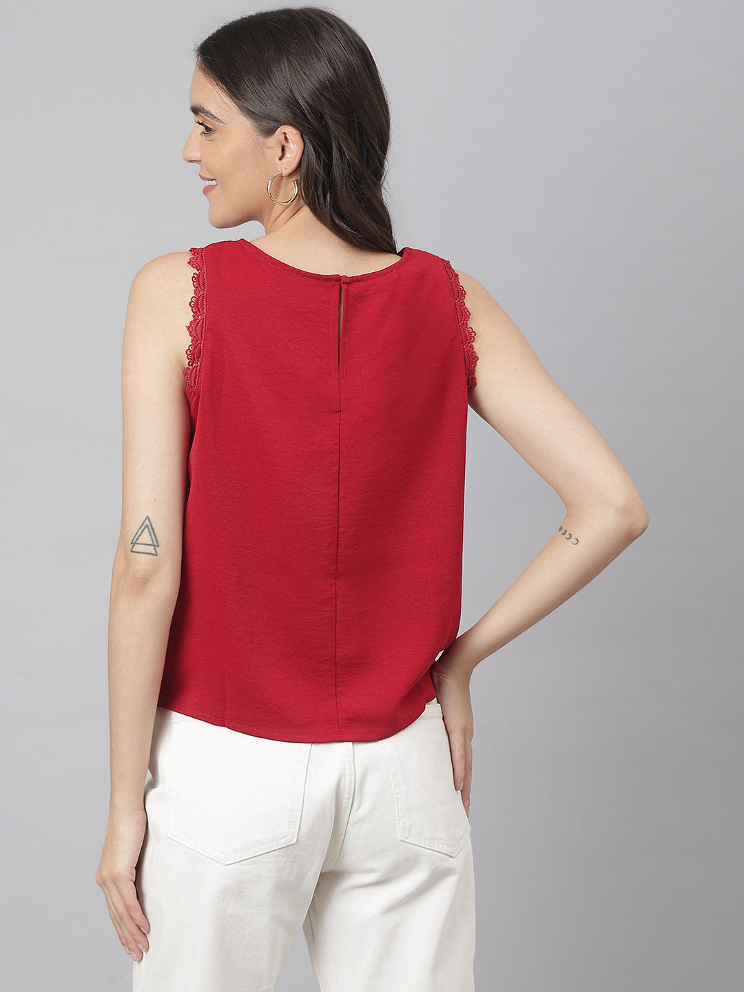 Maroon Round Neck Woven Top With Lace In Front