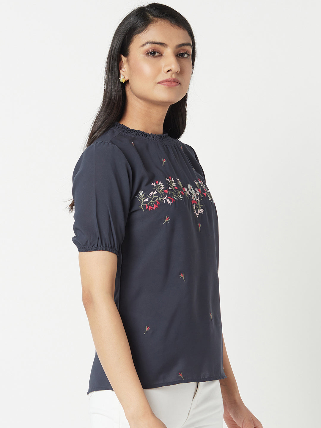 Navy Round Neck Embroidered Top