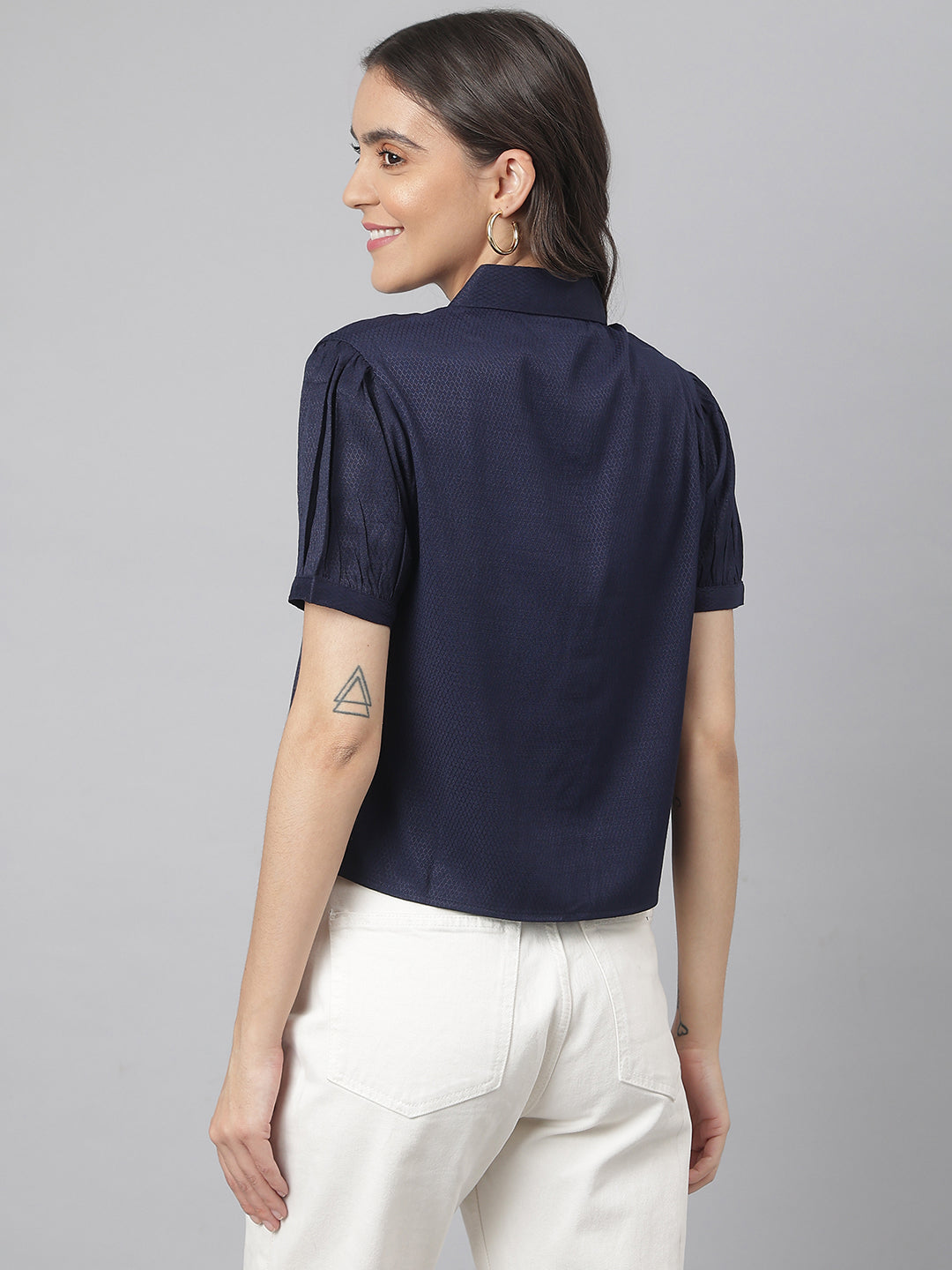 Navy Collared Embroidered Buttoned Shirt ( Top)