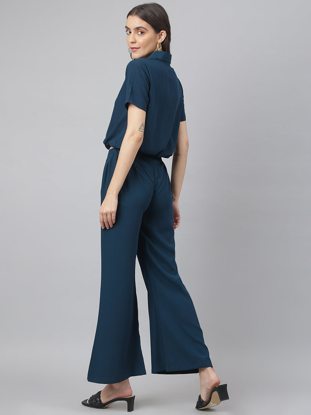 Navy V Neck Collared Co-ordinate Set With Bell Bottom