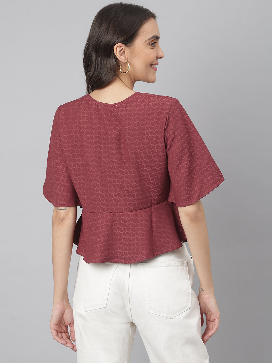 Maroon Elegant Looking Office Wear Peplum Bottomed Top