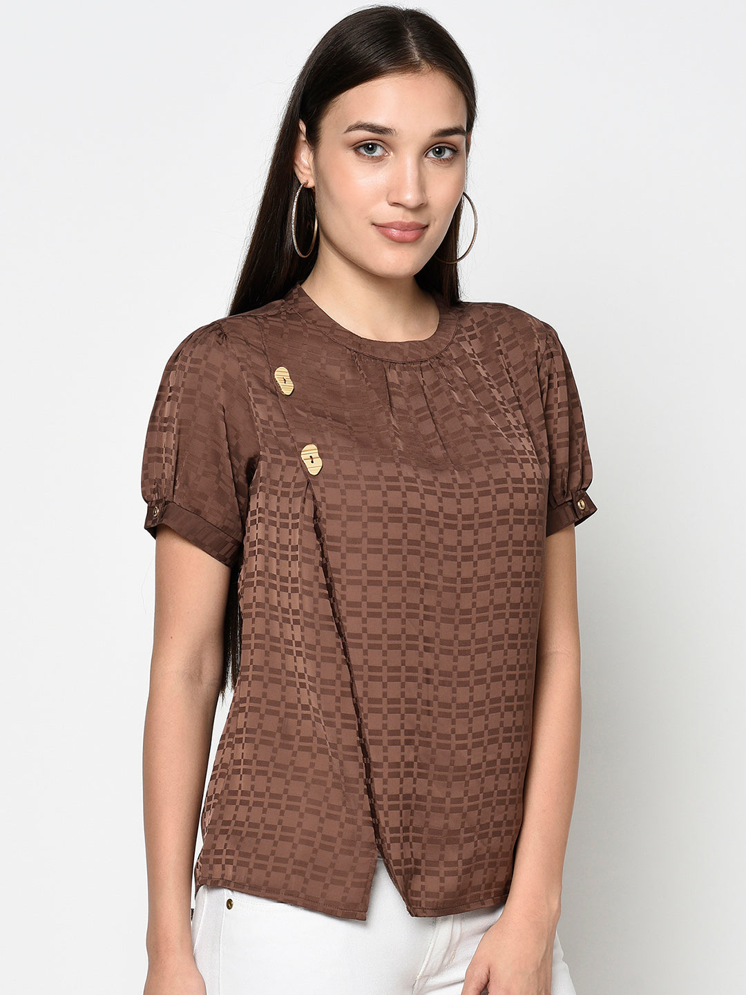 Brown Round Neck Woven Top