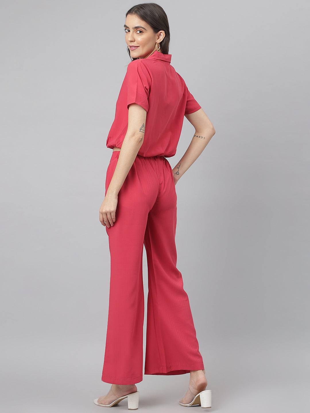 Pink V Neck Collared Co-ordinate Set With Bell Bottom