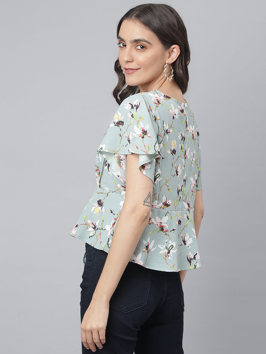 Greyish Blue Floral Printed Office Wear Top