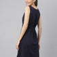 Navy Woven Formal Dress With Embroidered Waist Band & Side Zip