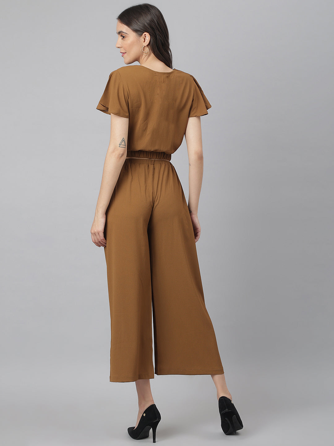 Brown V Neck Co-ordinate Set With Looser Bottom