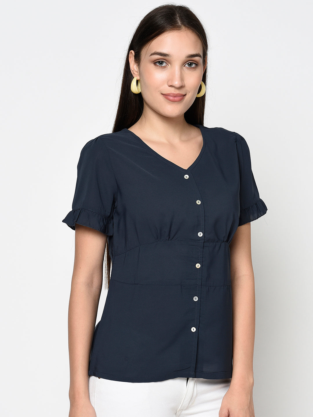 Navy Blue V Neck Buttoned Top