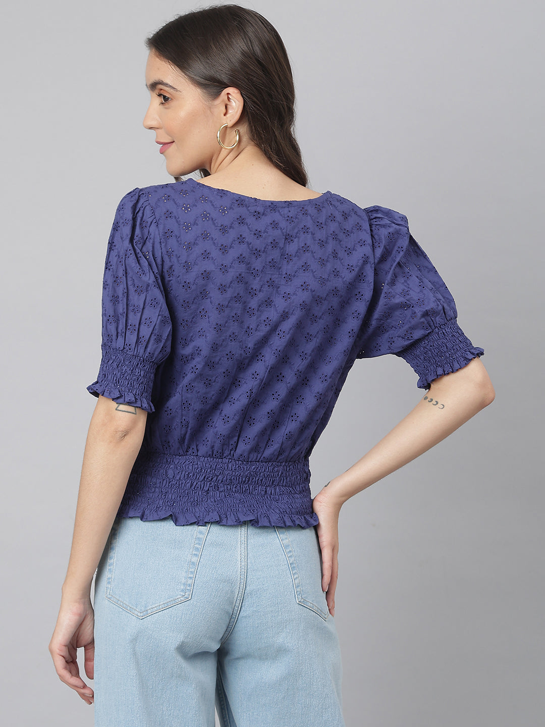 Navy Cotton Chicken Fabric Top With Smoking Waist Band & Sleeves