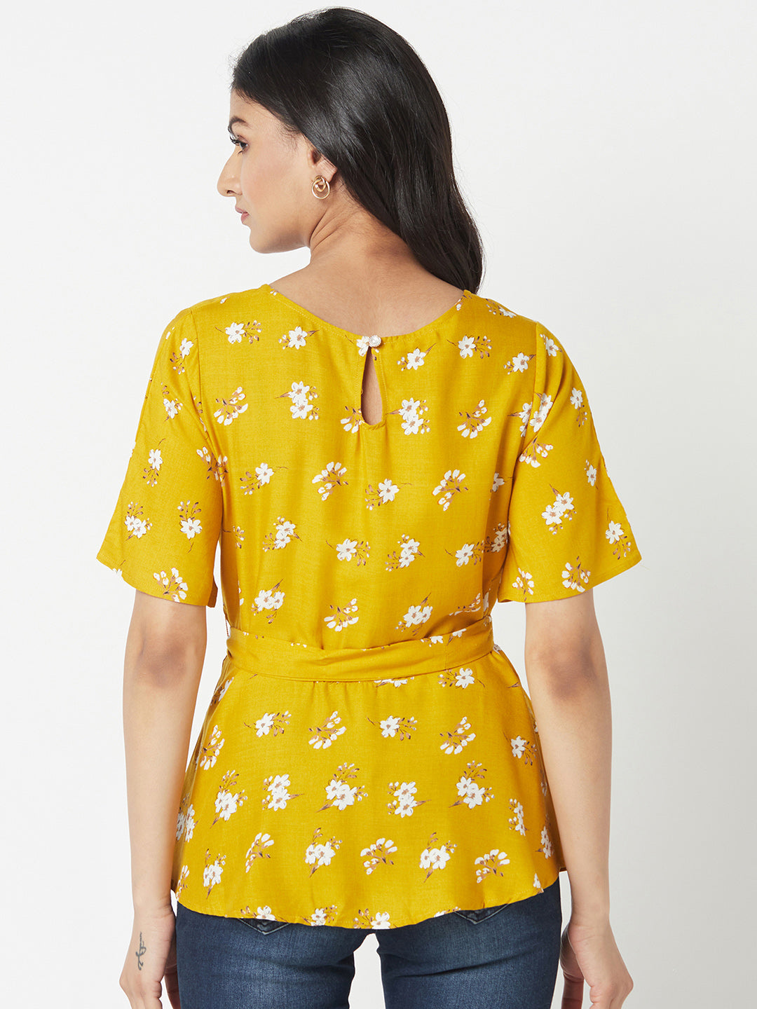 Mustard Round Neck Woven Cotton Rayon Top With Belt