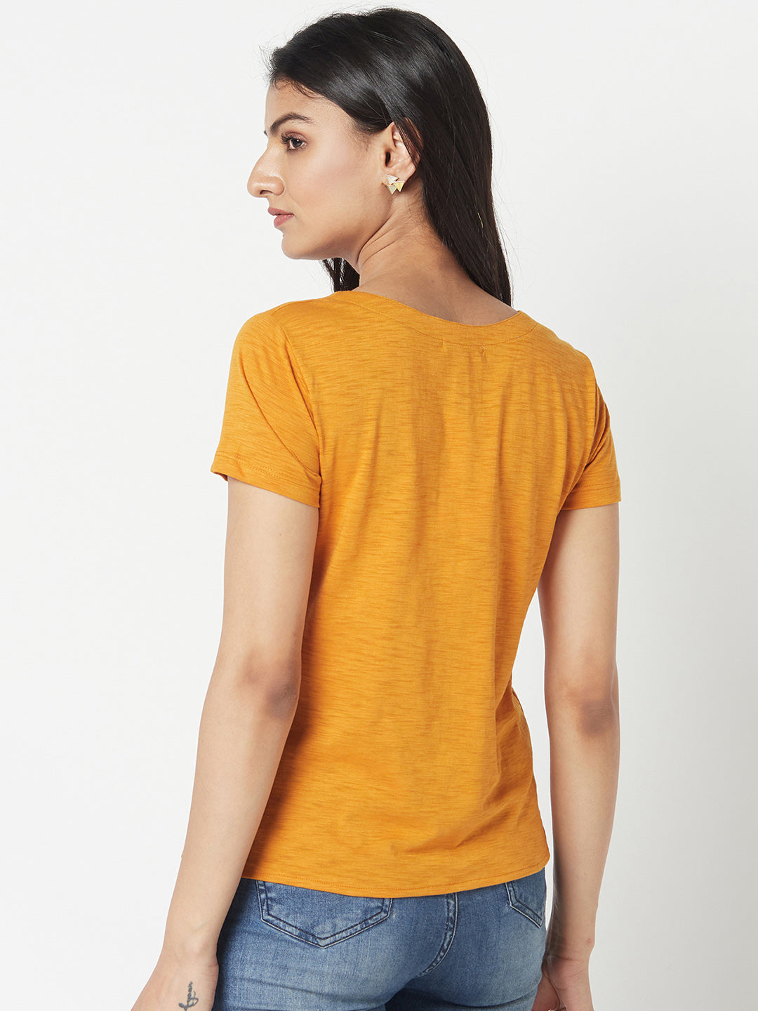 Mustard V Neck Cotton Top With Extended Side
