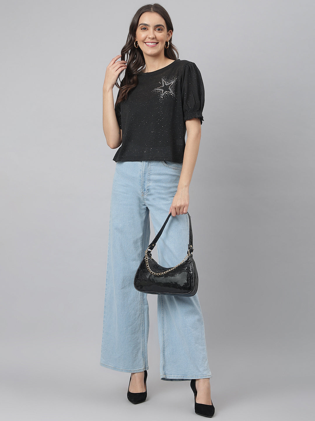 Black Round Neck Poly Blend Star Studded Knitted Top