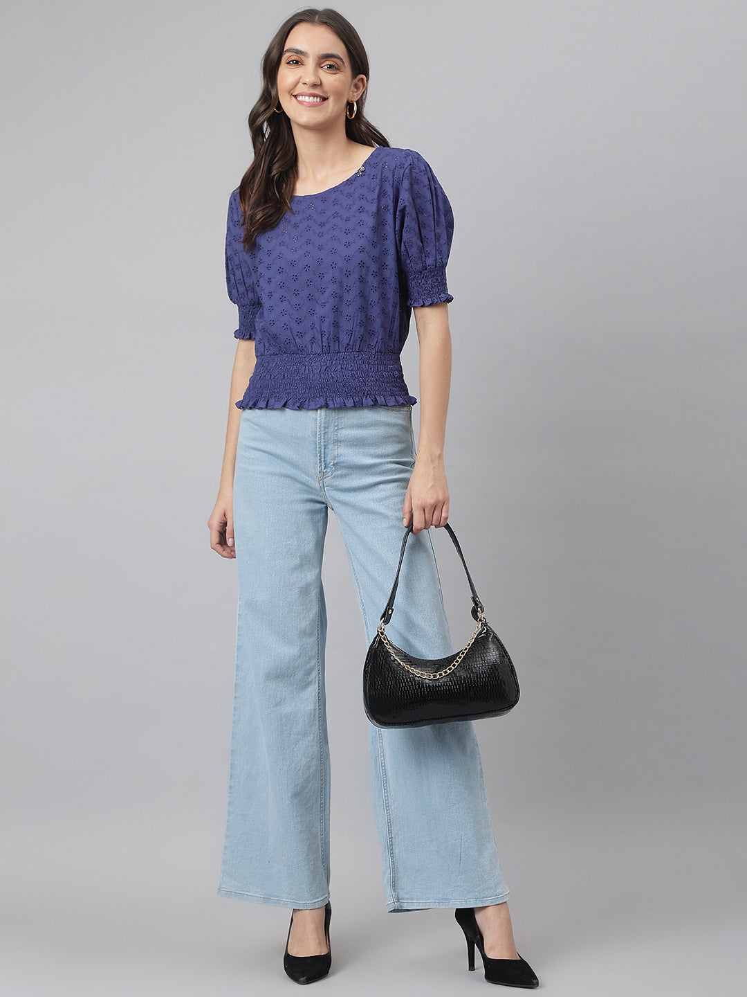 Navy Cotton Chicken Fabric Top With Smoking Waist Band & Sleeves