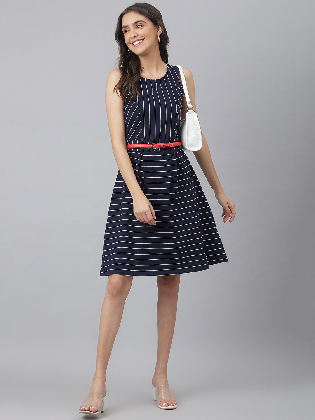 Navy - Round Neck Knitted Cotton Dress