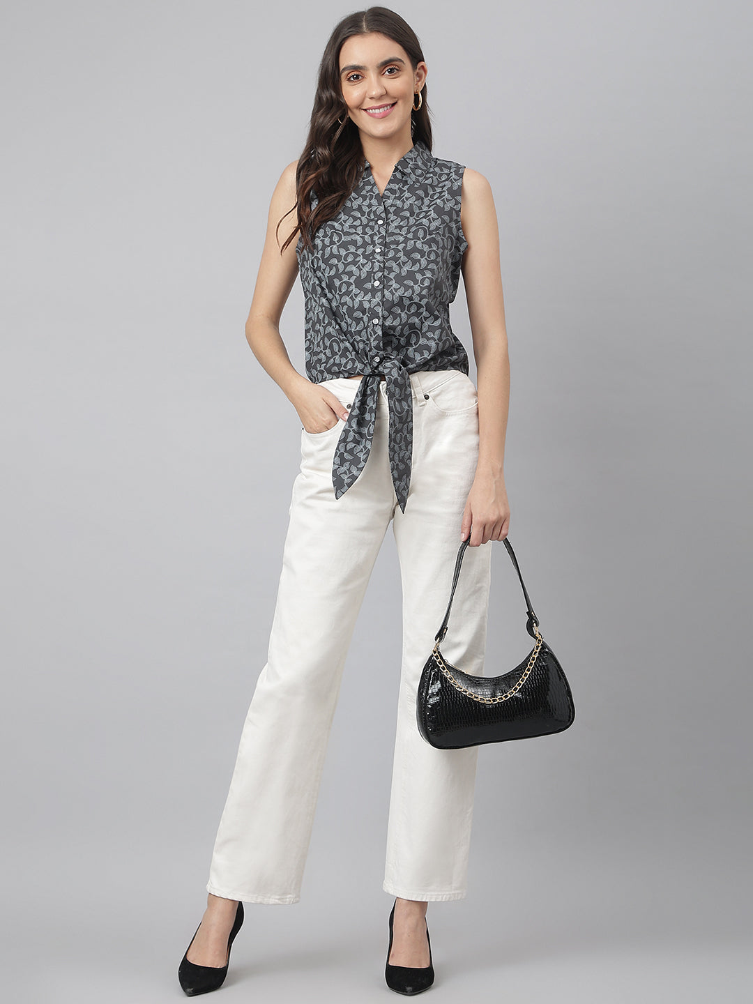 Black Leaf Printed Buttoned Shirt Top With Knot In Front