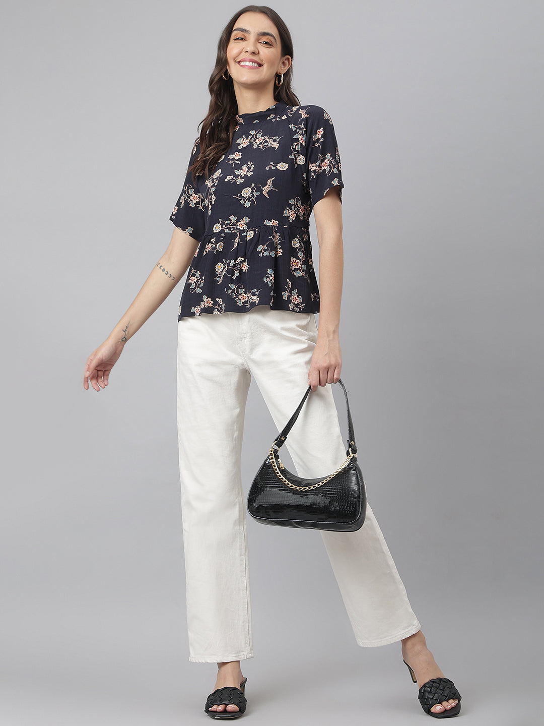 Navy Floral Rayon Fabric Top