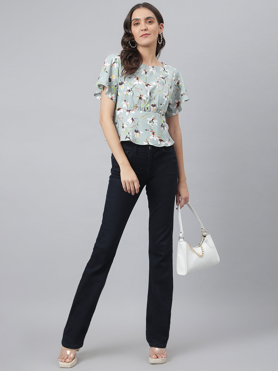Greyish Blue Floral Printed Office Wear Top