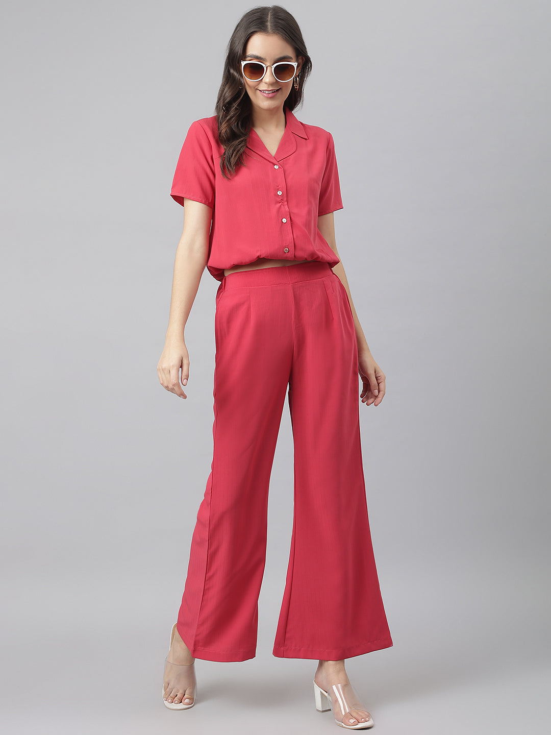 Pink V Neck Collared Co-ordinate Set With Bell Bottom