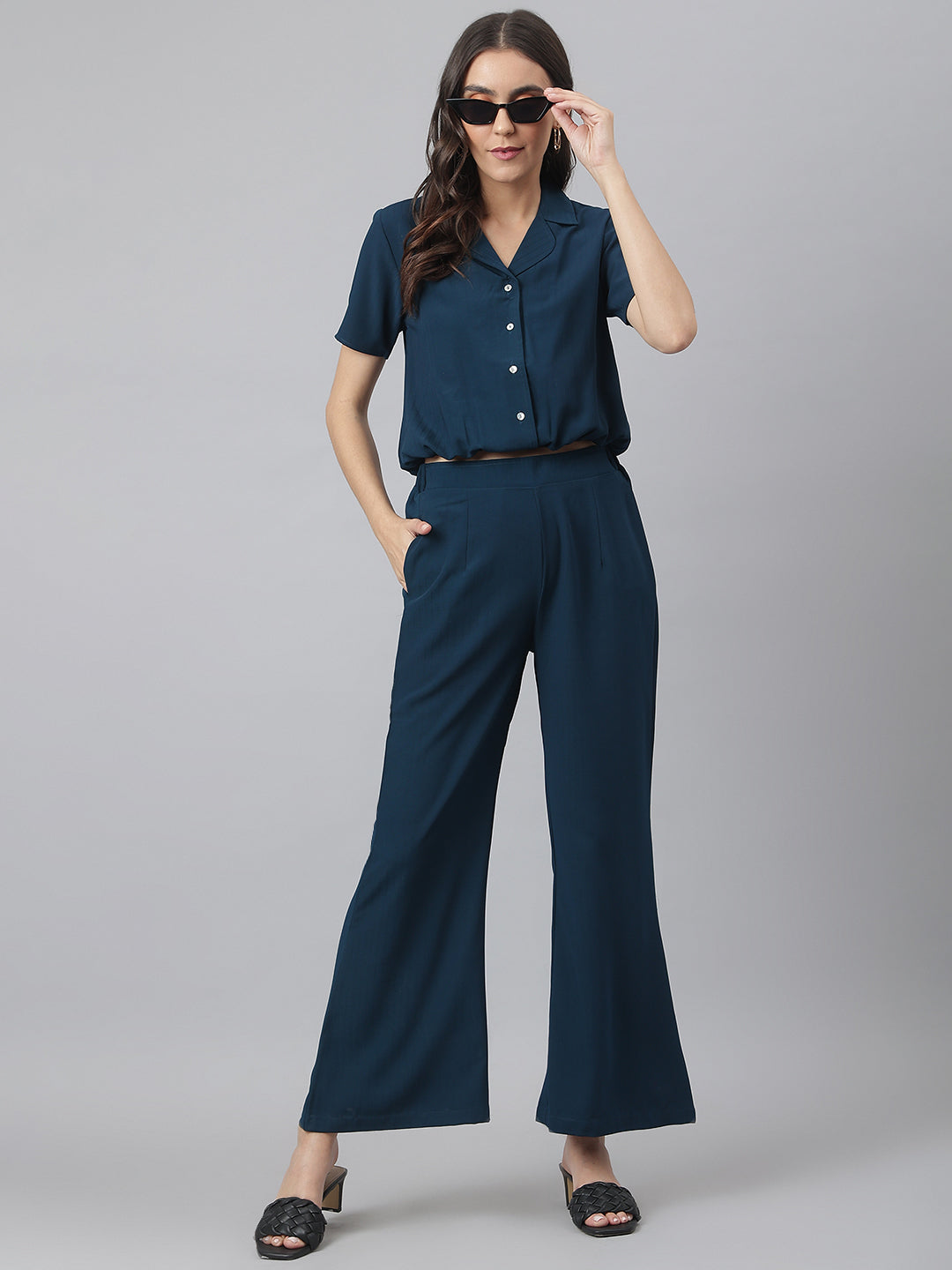 Navy V Neck Collared Co-ordinate Set With Bell Bottom