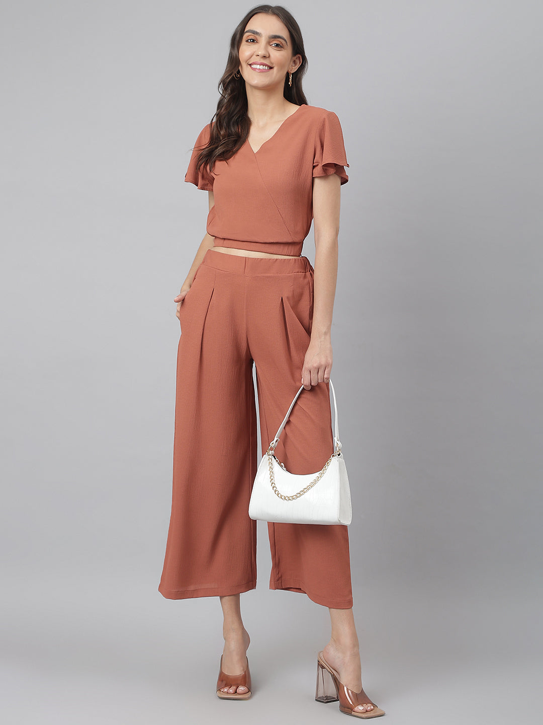 Rust V Neck Co-ordinate Set With Looser Bottom