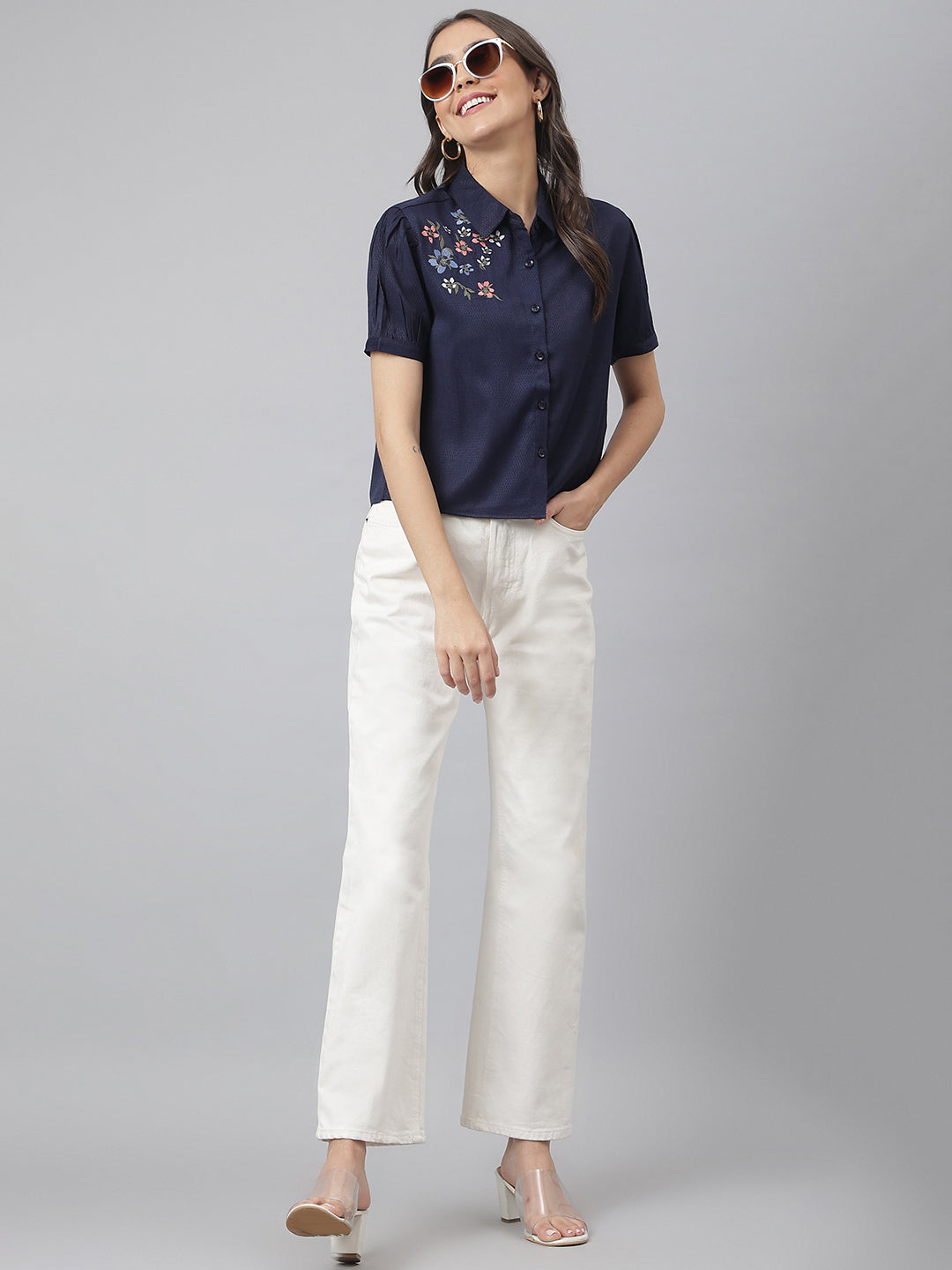 Navy Collared Embroidered Buttoned Shirt ( Top)