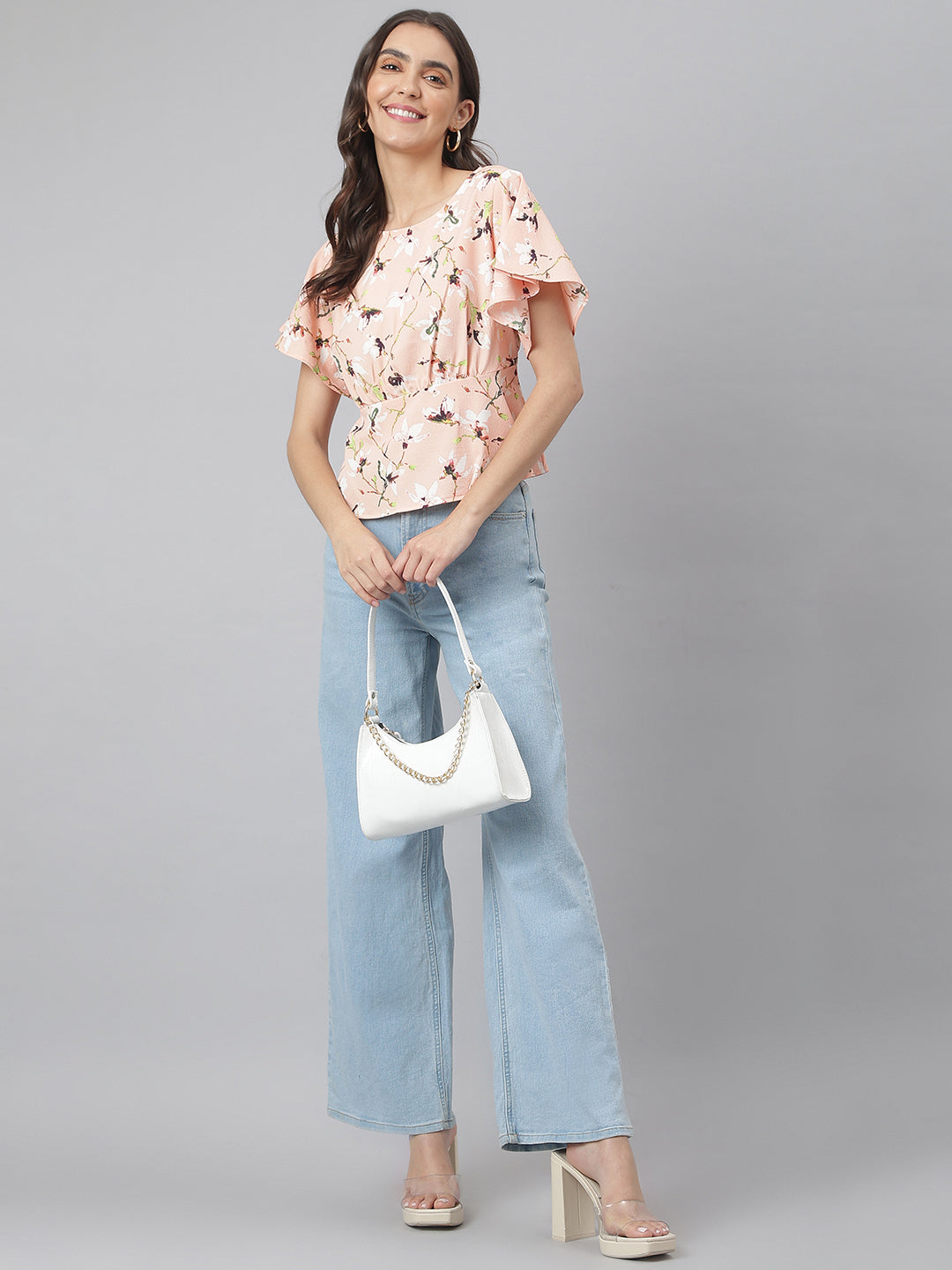 Peach Floral Printed Office Wear Top