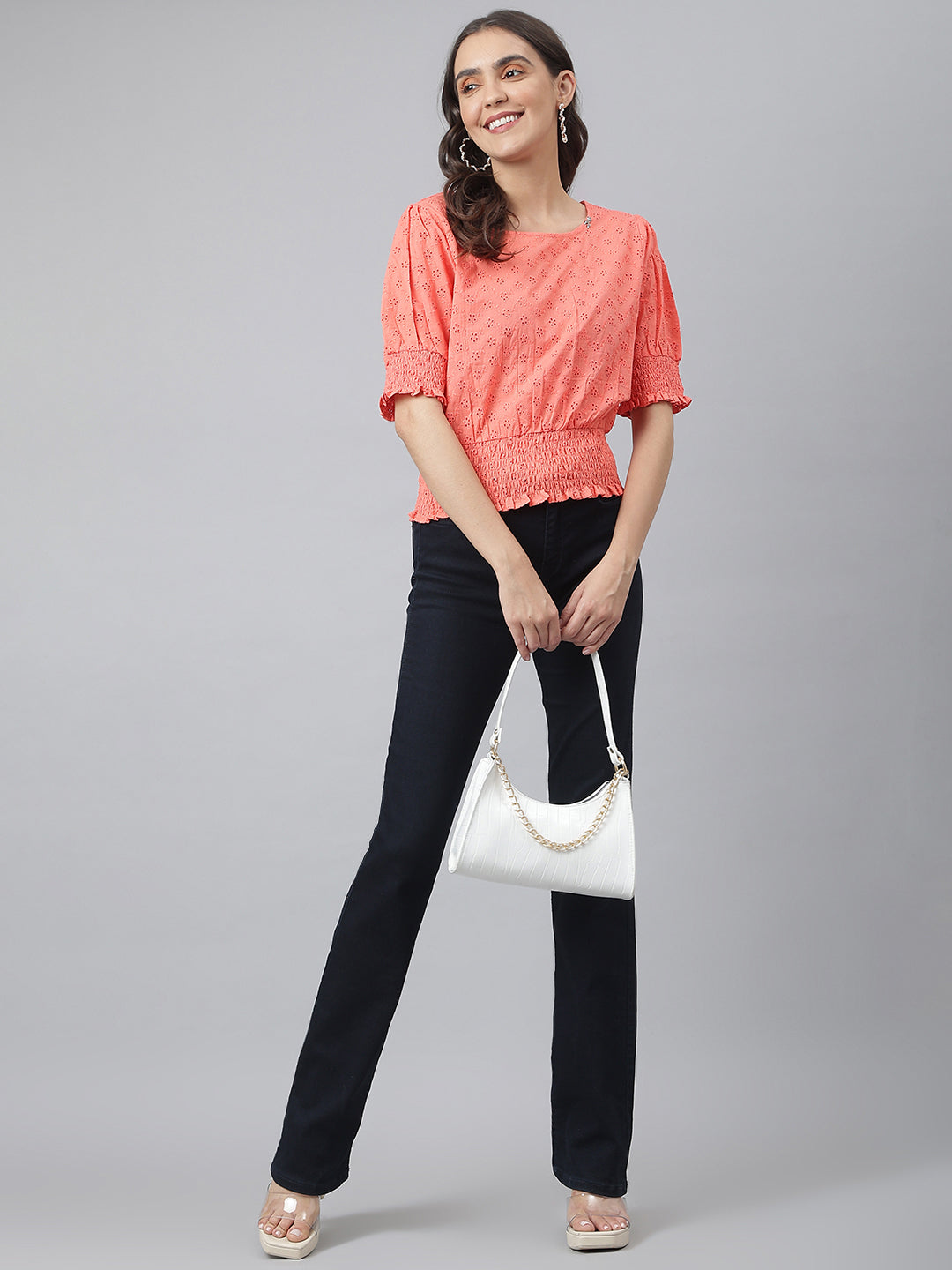 Carrot Cotton Chicken Fabric Top With Smoking Waist Band & Sleeves