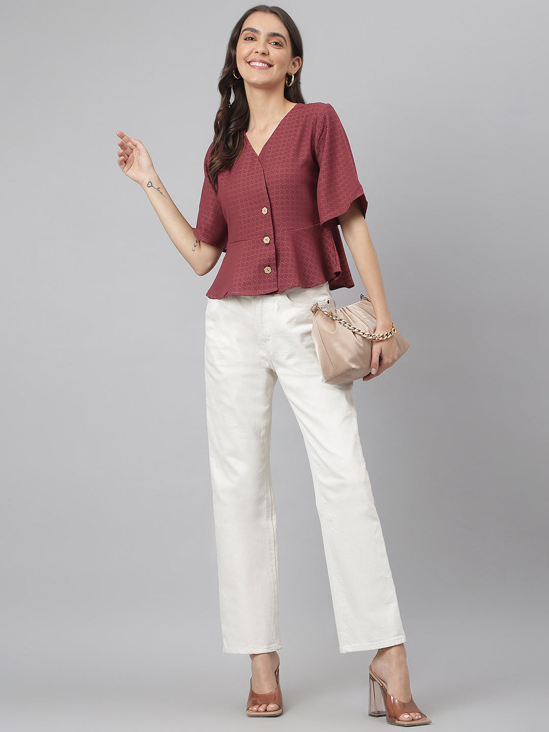 Maroon Elegant Looking Office Wear Peplum Bottomed Top