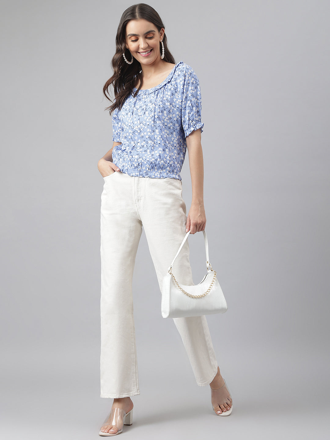 Blue Floral Top With Elasticated Waist Band In A Cool Feel Fabric