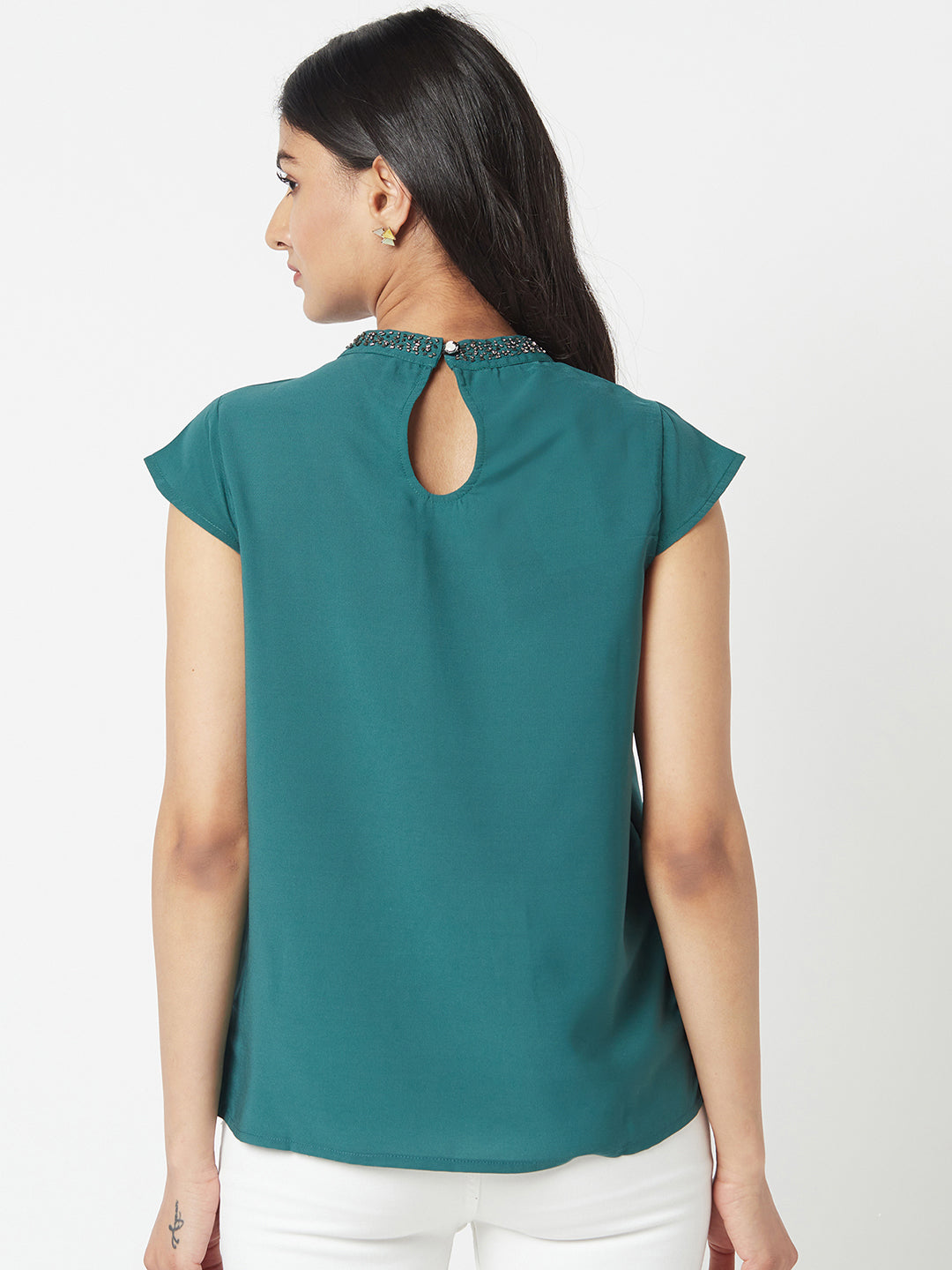 Green Round Neck hand Embroidered Formal Top