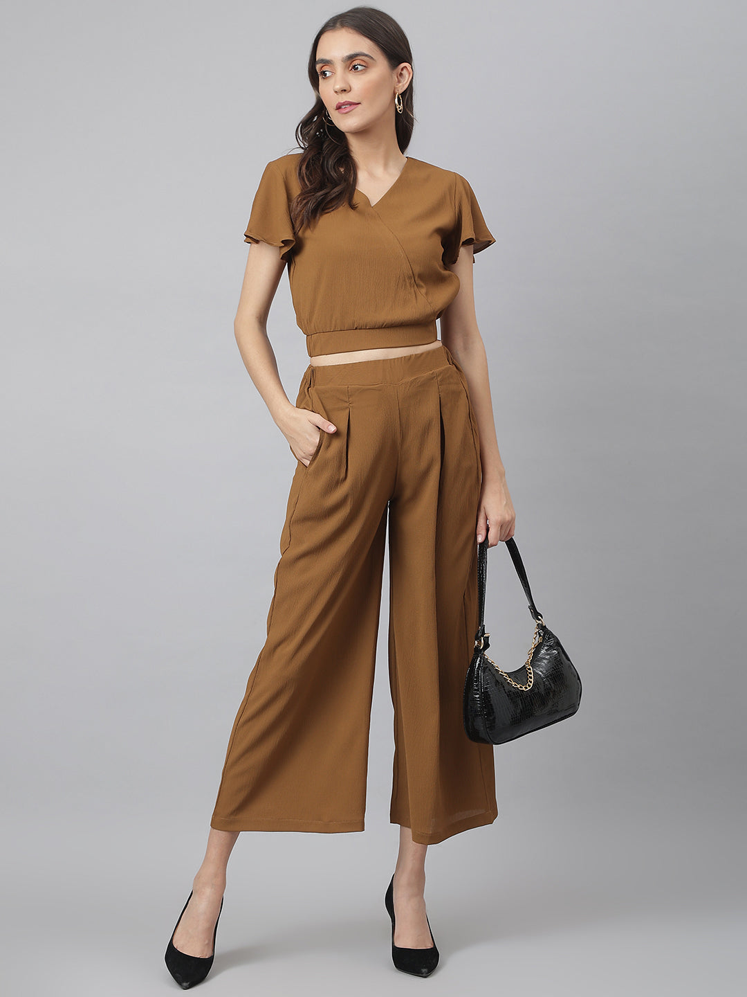 Brown V Neck Co-ordinate Set With Looser Bottom