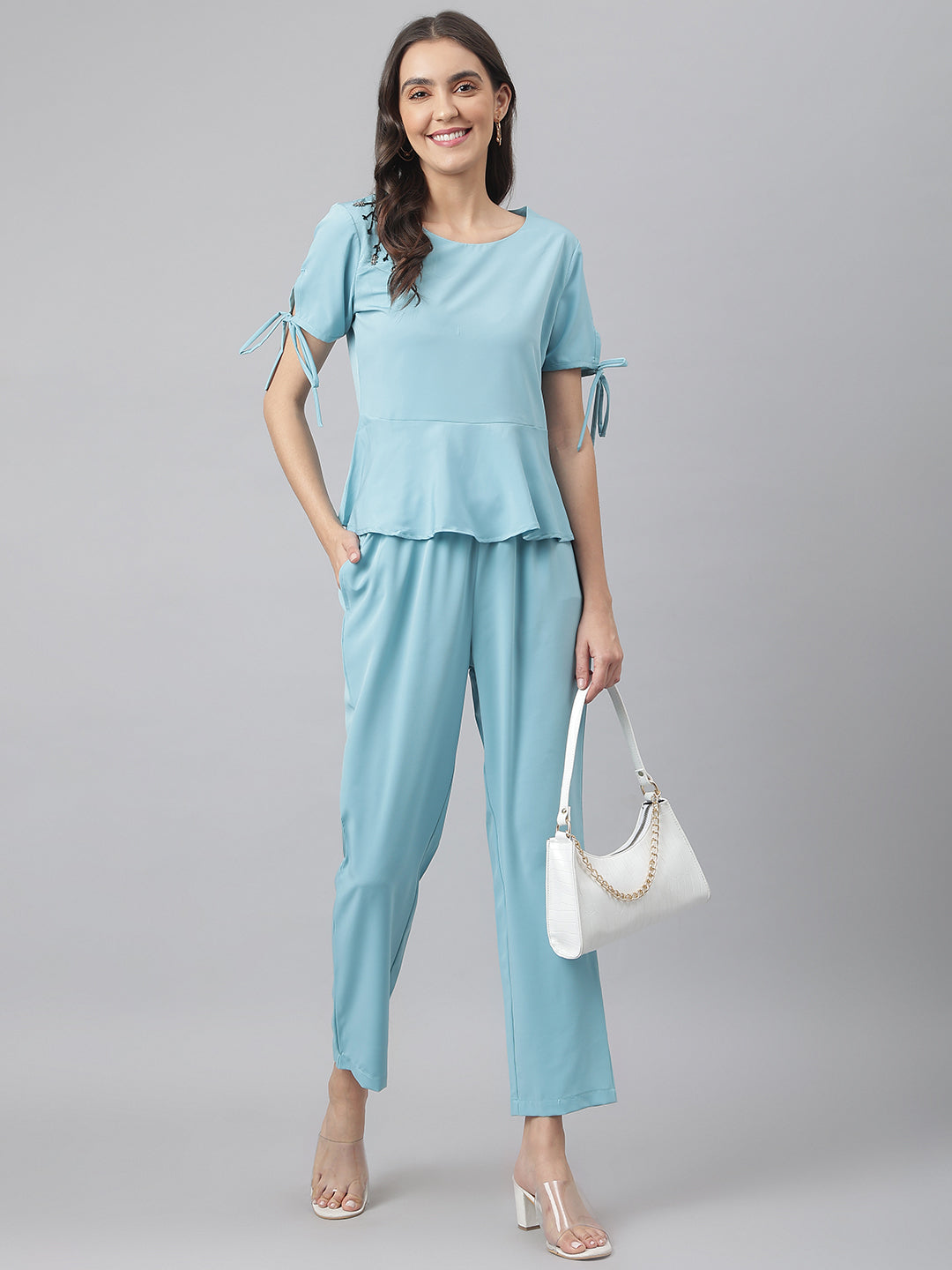 Aqua Round Neck Embroidered Peplum Co-ordinate Set