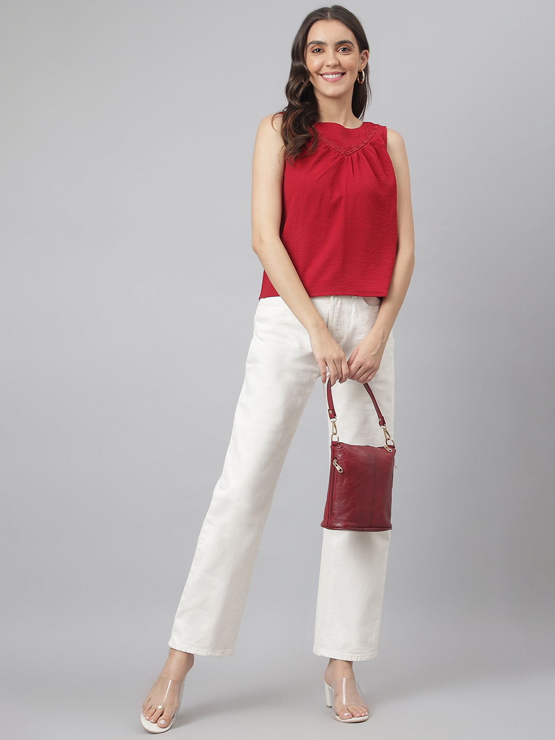 Maroon Round Neck Woven Top With Lace In Front