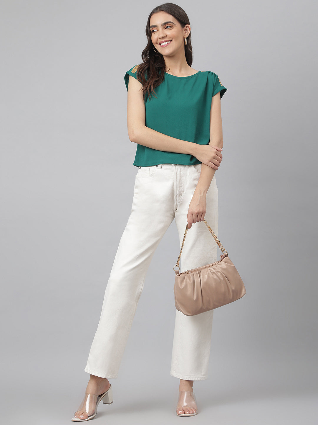 Green Short Top With Woven Front With Knitted Back & Shimmery Lace On Shoulder