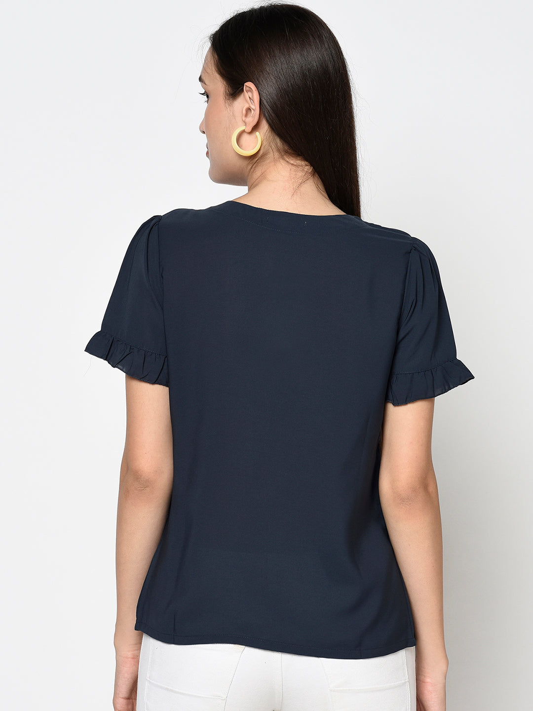 Navy Blue V Neck Buttoned Top